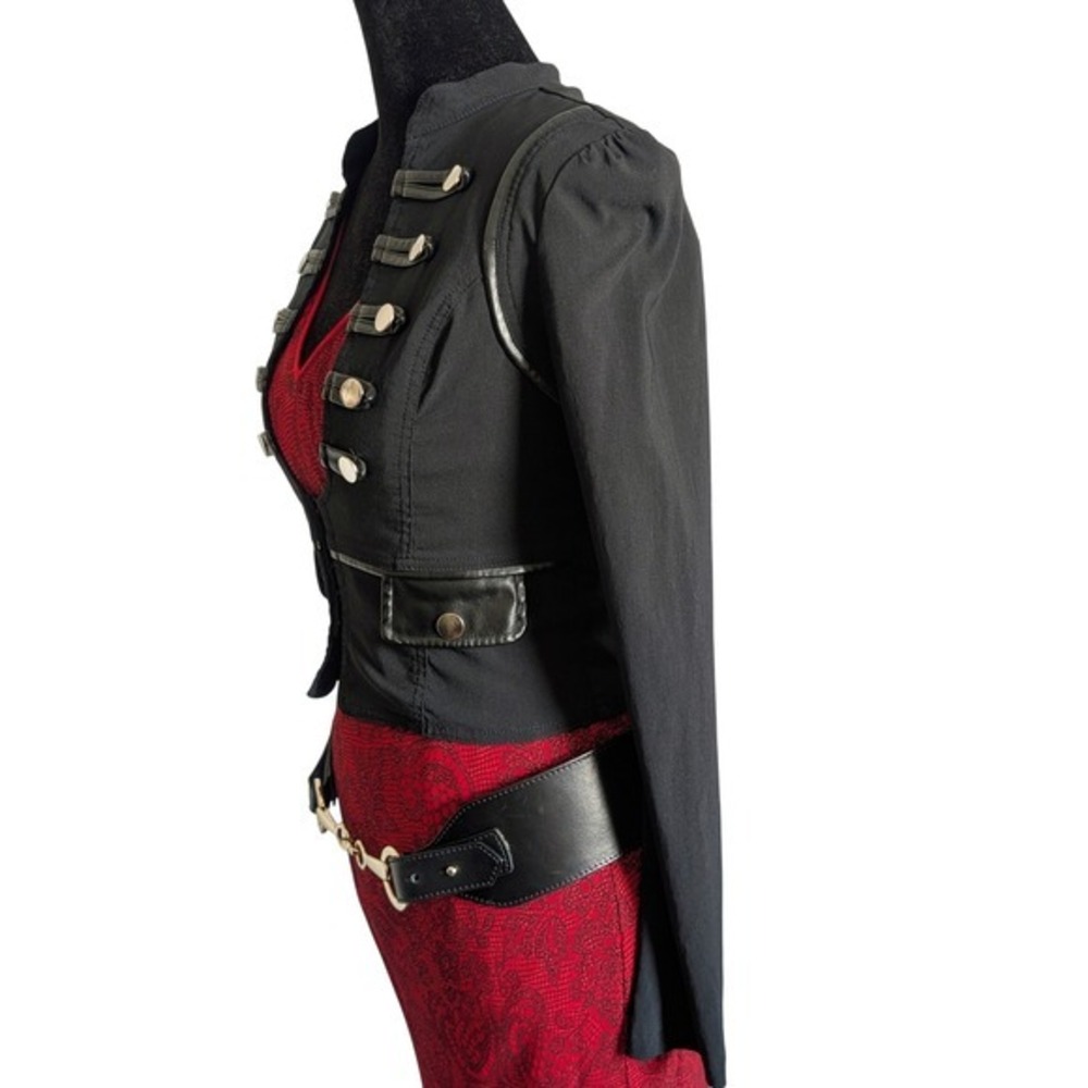 Vintage Y2K Black Gothic Chic Military Cropped Corset Leather Trim Jacket - Picture 3 of 7